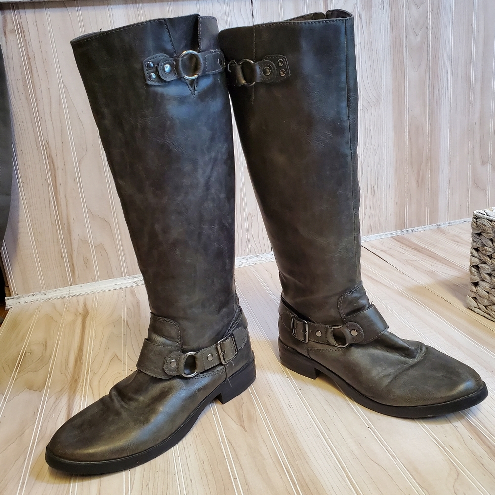Whimsigoth Charcoal Knee High Boots Equestrian Black Size 7.5 Riding Moto